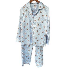 Carole Hochman Medium 2 piece blue floral satin long sleeve pajama set